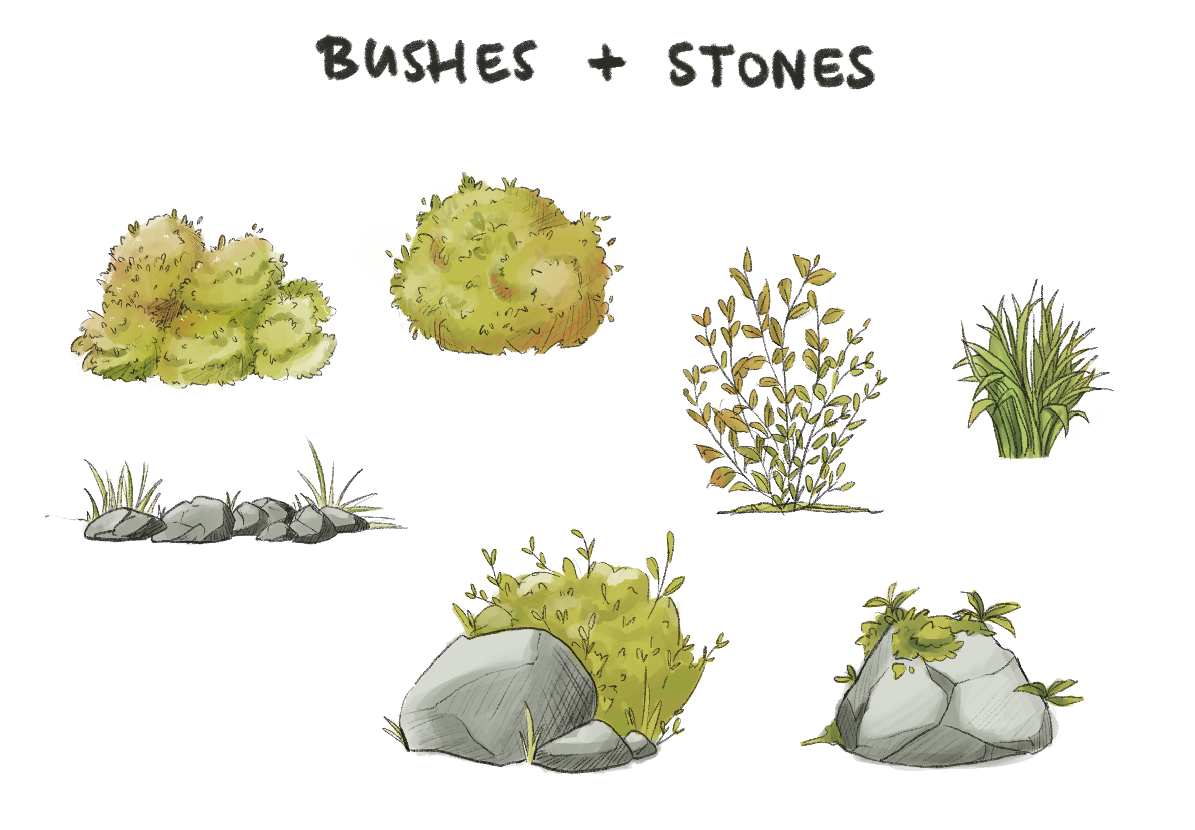 Sketches of bushes and rocks (total of 6)