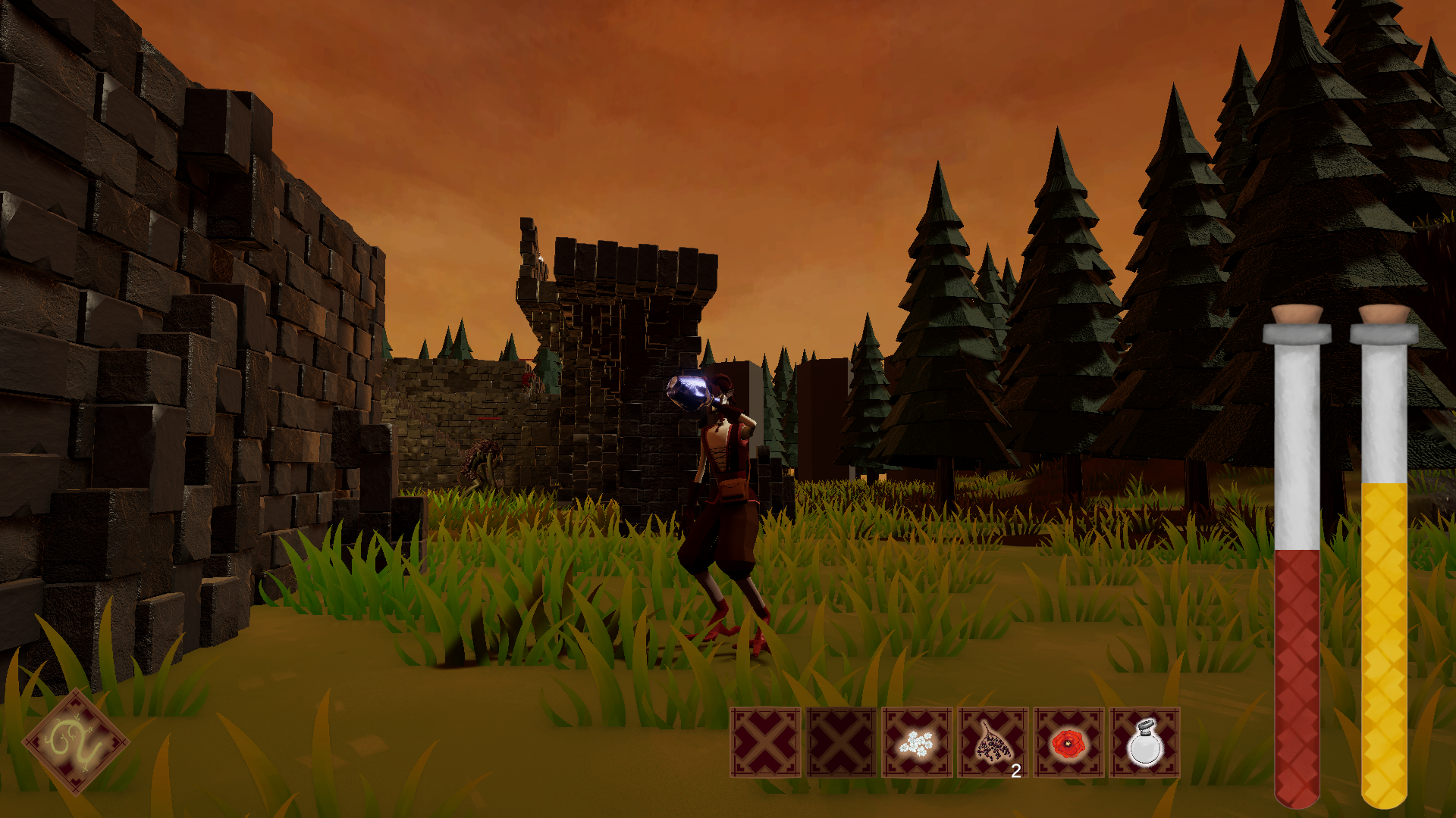 Screenshot during gameplay that shows the HUD and half full health & mana bars