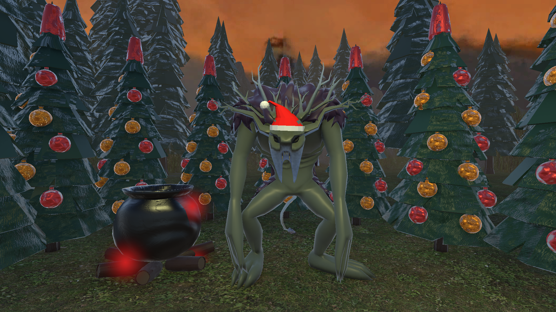 Merry frogmas! - image of a melee enemy with a christmas hat surrounded by trees with christmas balls and a cauldron